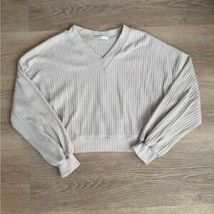 Women's Cropped Cream V-Neck Ribbed Sweater